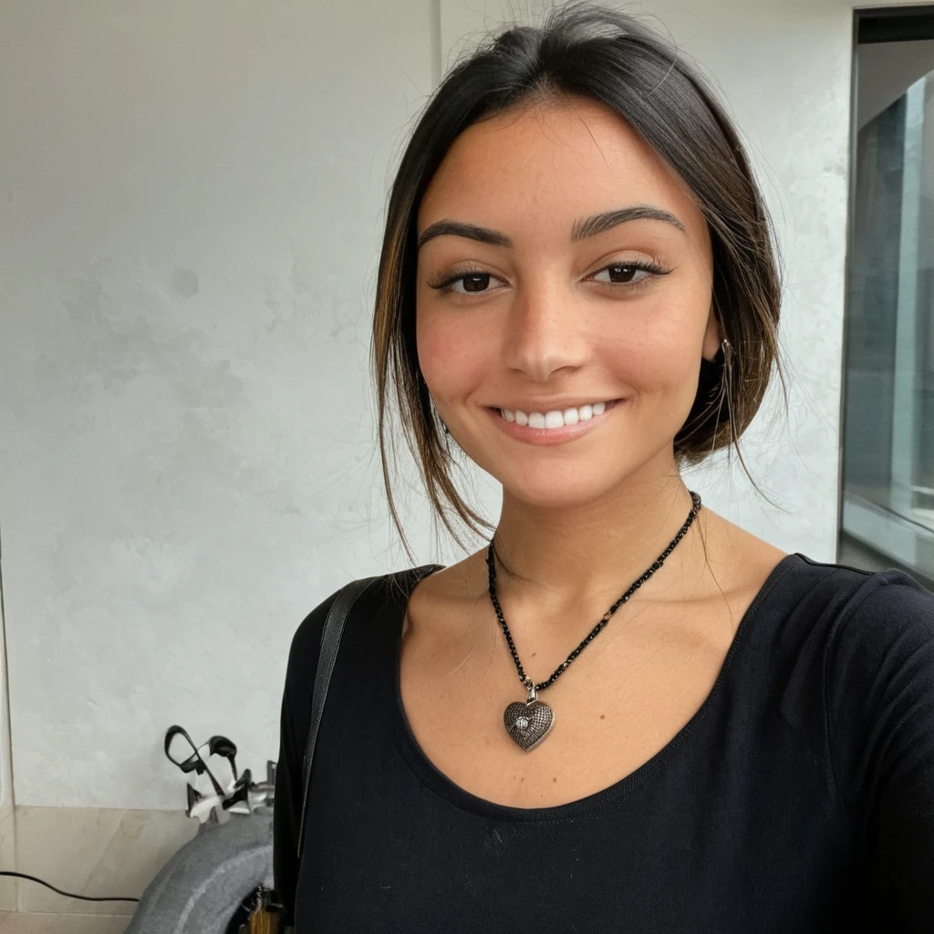 regardant droit vers la caméra, grain de film, Texture de la peau, Instagram closeup selFie oF a heart necklace,F/1.8,porter une chemise à col roulé, beautiful smile, black hair