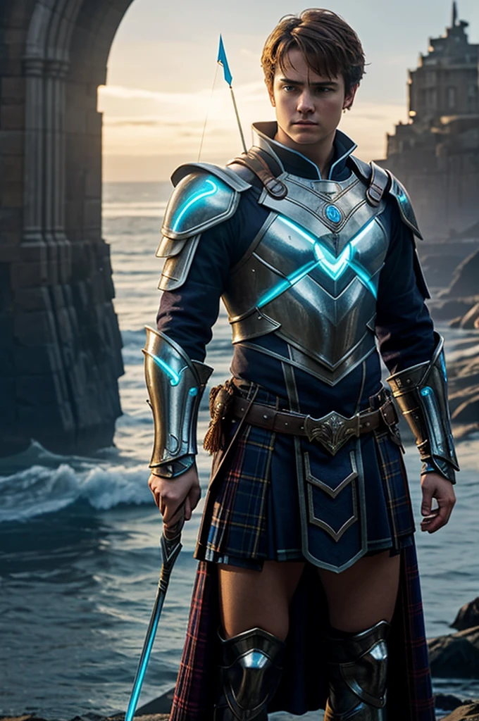 central image: to sea, the protagonist, instead of her traditional Scottish dress, wears light, futuristic armor with luminous details. In his hand, instead of the traditional arch, He holds an energy bow with technological arrows and a city in the background