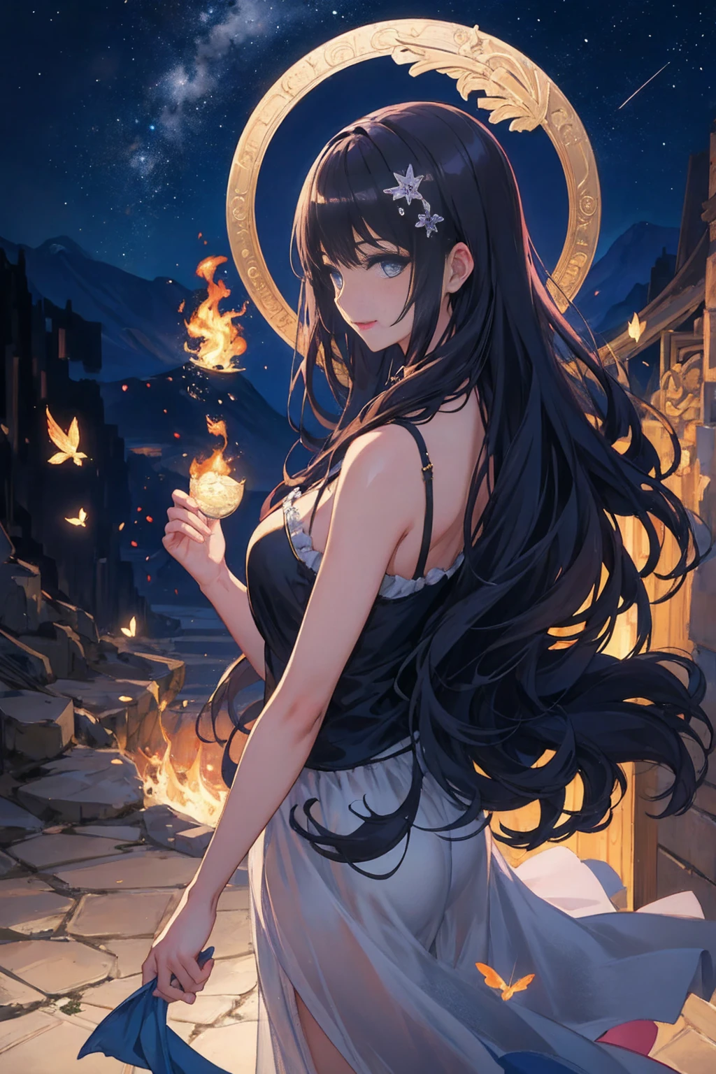 8k resolution, masterpiece, Highest quality, Award-winning works, unrealistic, From above, erotic, Only sexy women, healthy shaped body, Anatomically accurate skeleton, 22 years old, Black Mage, Height: 170cm, Large, firm, swaying bust,, Silvery long wavy hair, Detailed facial depiction, break, Mysterious blue eyes, Standard Nose, eyeliner, Pink Lips, Sexy long legs, Clear, glowing skin, holy knight, Gothic ruffle long dress, A dress with a complex structure, Seven colourful dresses, Clothed in flames, royal coat of arms, elegant, Very detailed, Delicate depiction of hair, Miniature Painting, Digital Painting, artステーションコンセプトart, Smooth, Sharp focus, shape, artジャム、Greg Rutkowski、Alphonse Mucha、William Adolphe Bouguereau、art：Stephanie Law , Royal Jewel, nature, Symmetric, Greg Rutkowski, Charlie Bowwater, unrealistic, Surreal, Dynamic Lighting, ファンタジーart, Complex colors, Buddhist Mandala, Colorful magic circle, flash, dynamic sexy pose, A kind smile, Mysterious Background, aura, A gentle gaze, break, Small faint lights and flying fireflies, night, lanthanum, 山の頂From above下界を見下ろす, Starry Sky, milky way, nebula, shooting star, Flowers, bird, Wind and Moon, (From the side, Looking back towards the camera:1.3), Cast a healing spell, A pillar of light stretching into the sky, Laser beam, Climb the stairway to heaven