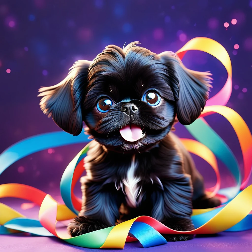 Ultra-small deformation,pop art, (from above), A black Shih Tzu puppy with blue eyes is curling up in the air, glowing cloud back ground surrounded colorful ribbons and particles shaped star, falling through the air, lie on back spreading arms and legs wide, close up happily expression toward the viewer, smoke screen, speed line, Dynamic Motion Blur, Dynamic action scenes 3D Pixar style