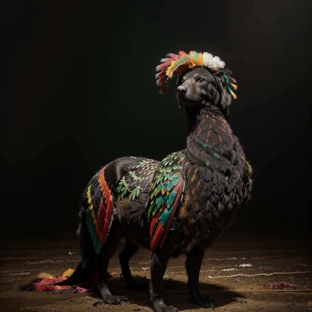 Fine Art, black-white-red-green, high contrast, National Geographic Foto: André Uhlisch - Art, , digital painting of a colorful old bird with glowing legs, in a glittering dress and delicately arranged furry arms and dusty legs,riding on the head of a dog . recorded in the style of post-apocalyptic Fu