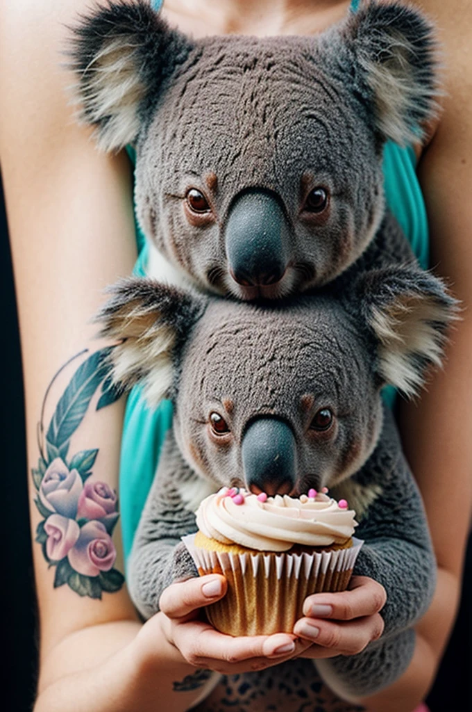 Tattoos of a koala eating a cupcake with animated style