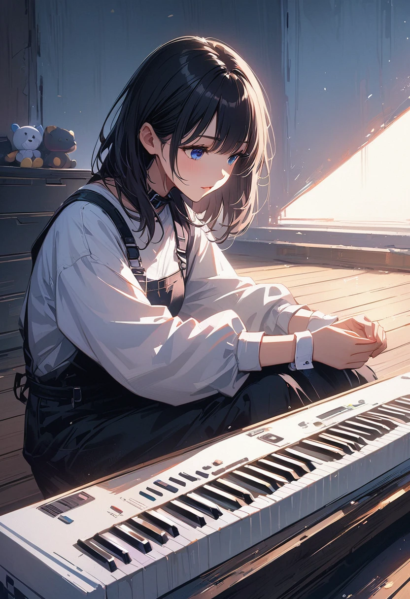 (Very detailedなCG、Unity、8k wallpaper)、(Very delicate and beautiful)、(masterpiece)、(Highest quality:1.0)、(超High resolution:1.0)、Beautiful lighting、Perfect Lightning、Realistic Shadows、[High resolution]、Detailed skin、Very detailed、Detailed face and eyes、Realistic eyes、blue eyes、Floats on water、Gray Hair、Create an image of a girl sitting at an electone. The girl has long, straight black hair and is wearing a light gray long-sleeve uniform with black lace decorations on the cuffs and collar. She is playing the electone with her hands on the two rows of keys and her feet on the pedals. She is wearing blue and yellow socks. The electone has the text “amakuchi Electone” on the left side. On top of the electone, there are two small plush toys, one yellow and one white, placed on the left side. The electone has a transparent cover. The background features a white wall with vertical ventilation slits, and the floor is light-colored wooden flooring. The girl is seated on a simple white bench. The lighting is natural and evenly distributed. The image should capture the details of the girl’s uniform, the texture of her hair, and the overall realistic setting of the room.