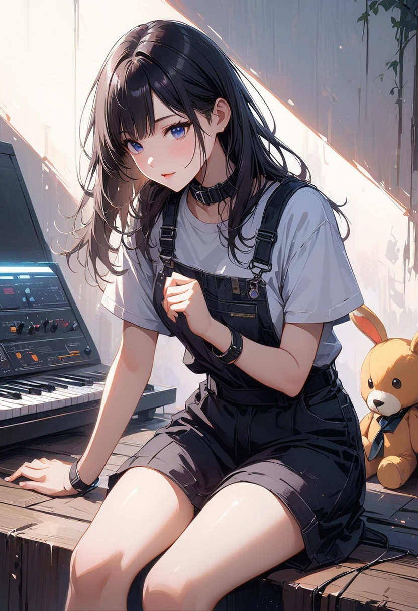 (Very detailedなCG、Unity、8k wallpaper)、(Very delicate and beautiful)、(masterpiece)、(Highest quality:1.0)、(超High resolution:1.0)、Beautiful lighting、Perfect Lightning、Realistic Shadows、[High resolution]、Detailed skin、Very detailed、Detailed face and eyes、Realistic eyes、blue eyes、Floats on water、Gray Hair、Create an image of a girl sitting at an electone. The girl has long, straight black hair and is wearing a light gray long-sleeve uniform with black lace decorations on the cuffs and collar. She is playing the electone with her hands on the two rows of keys and her feet on the pedals. She is wearing blue and yellow socks. The electone has the text “amakuchi Electone” on the left side. On top of the electone, there are two small plush toys, one yellow and one white, placed on the left side. The electone has a transparent cover. The background features a white wall with vertical ventilation slits, and the floor is light-colored wooden flooring. The girl is seated on a simple white bench. The lighting is natural and evenly distributed. The image should capture the details of the girl’s uniform, the texture of her hair, and the overall realistic setting of the room.