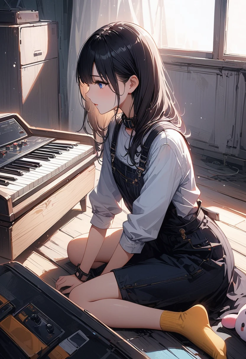 (Very detailedなCG、Unity、8k wallpaper)、(Very delicate and beautiful)、(masterpiece)、(Highest quality:1.0)、(超High resolution:1.0)、Beautiful lighting、Perfect Lightning、Realistic Shadows、[High resolution]、Detailed skin、Very detailed、Detailed face and eyes、Realistic eyes、blue eyes、Floats on water、Gray Hair、Create an image of a girl sitting at an electone. The girl has long, straight black hair and is wearing a light gray long-sleeve uniform with black lace decorations on the cuffs and collar. She is playing the electone with her hands on the two rows of keys and her feet on the pedals. She is wearing blue and yellow socks. The electone has the text “amakuchi Electone” on the left side. On top of the electone, there are two small plush toys, one yellow and one white, placed on the left side. The electone has a transparent cover. The background features a white wall with vertical ventilation slits, and the floor is light-colored wooden flooring. The girl is seated on a simple white bench. The lighting is natural and evenly distributed. The image should capture the details of the girl’s uniform, the texture of her hair, and the overall realistic setting of the room.