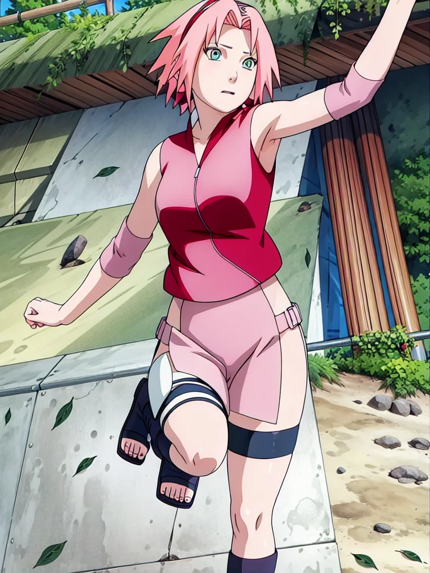 Sakura Haruno nude,wide hips,abdomen,sexy ,Show your armpits,jump,On the tree,IPST, naked,Torn shirt,blushing,sexually aroused, In the forest,open shirt,nipple,pink nipples,full body