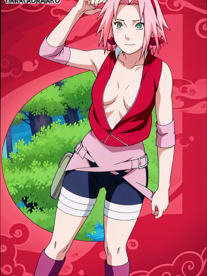 Sakura Haruno nude,wide hips,abdomen,sexy ,Show your armpits,jump,On the tree,IPST, naked,Torn shirt,blushing,sexually aroused, In the forest,open shirt,nipple,pink nipples,full body