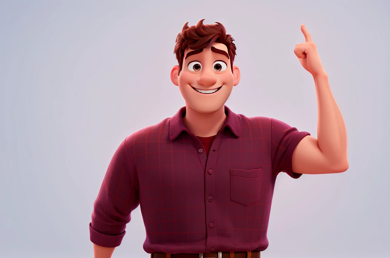 Disney Pixar cartoon style man, with white studio background, super detailed, in high quality, smiling, winning feeling, He wears burgundy shirt, ultra HD