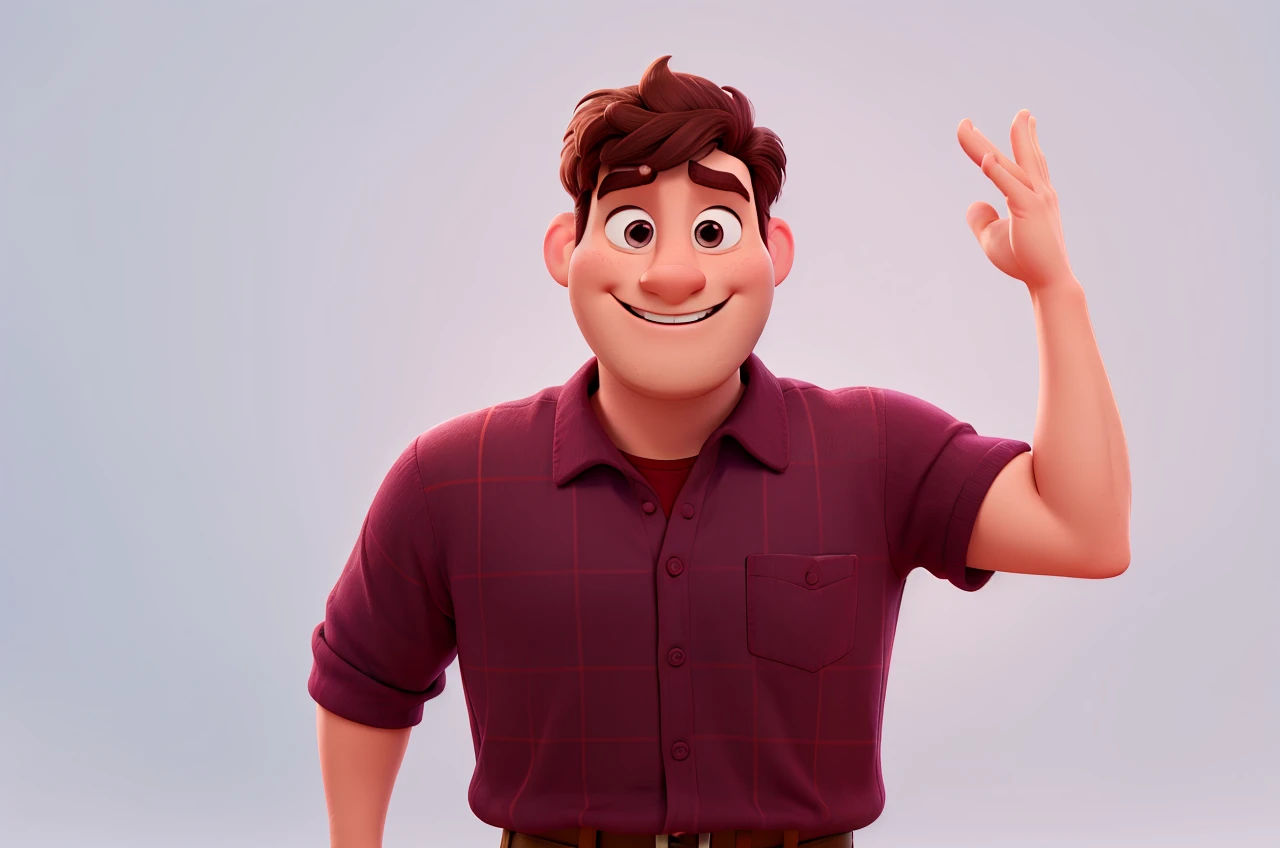 Disney Pixar cartoon style man, with white studio background, super detailed, in high quality, smiling, winning feeling, He wears burgundy shirt, ultra HD
