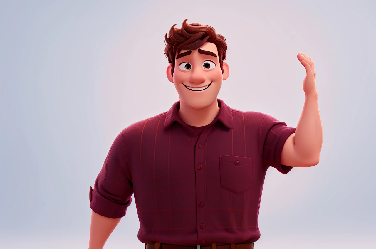 Disney Pixar cartoon style man, with white studio background, super detailed, in high quality, smiling, winning feeling, He wears burgundy shirt, ultra HD