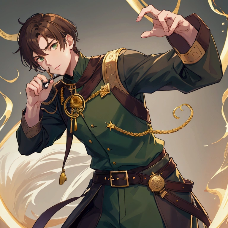 guy, turned to the camera with his left shoulder, brown hair, green eyes, monocle on his left eye, dark blue mantle, one sleeve rolled up to the elbow, gray shirt under the mantle, brown belt belt, gold bar on the belt