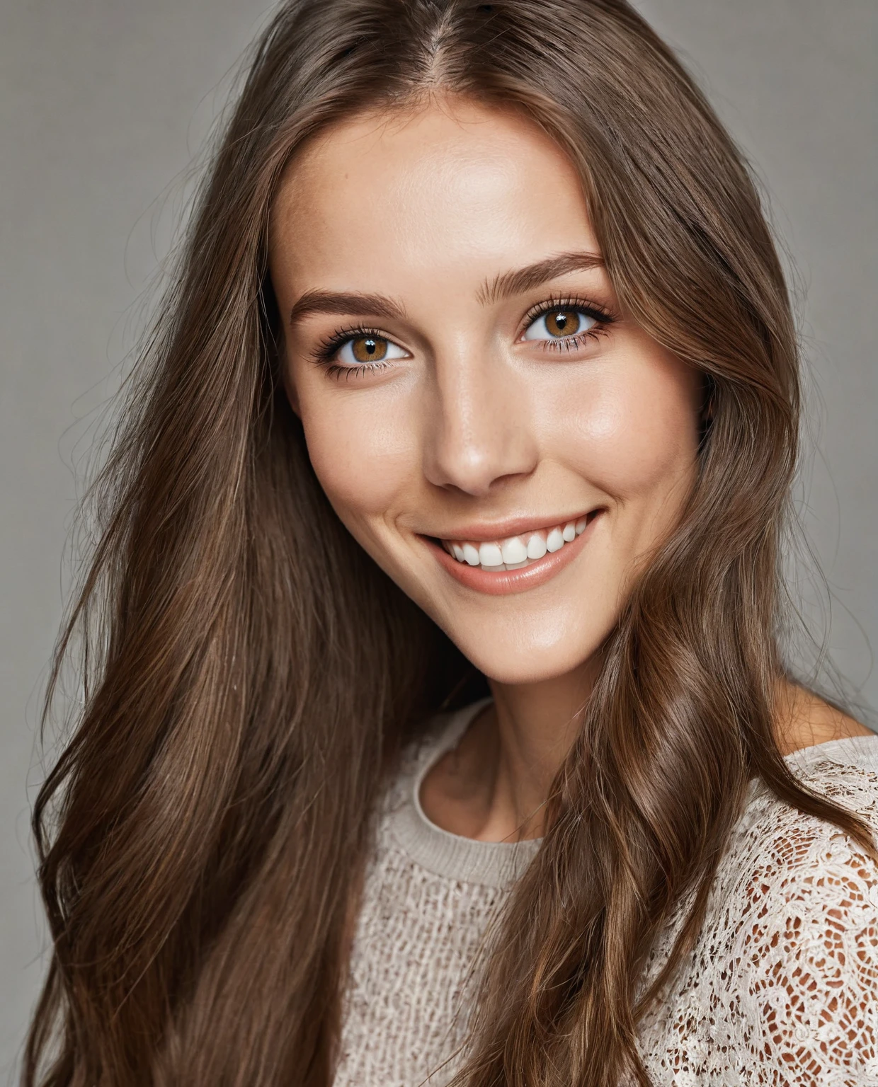 Beautiful woman from sweden, realistic eyes, realistic face, slim face, long brown hair, 20 years old, model, smiling