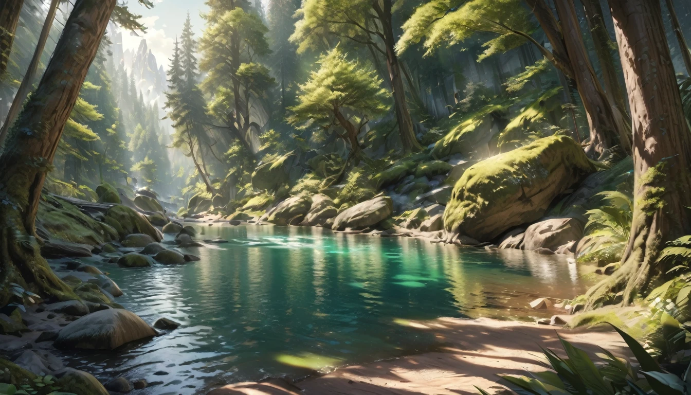 a beautiful lush green forest, sunlight filtering through the leaves, towering trees with shiny bark, mossy rocks, a serene lake, (best quality,4k,8k,highres,masterpiece:1.2),ultra-detailed,(realistic,photorealistic,photo-realistic:1.37),landscape,intricate details,vibrant colors,natural lighting,stunning scenery