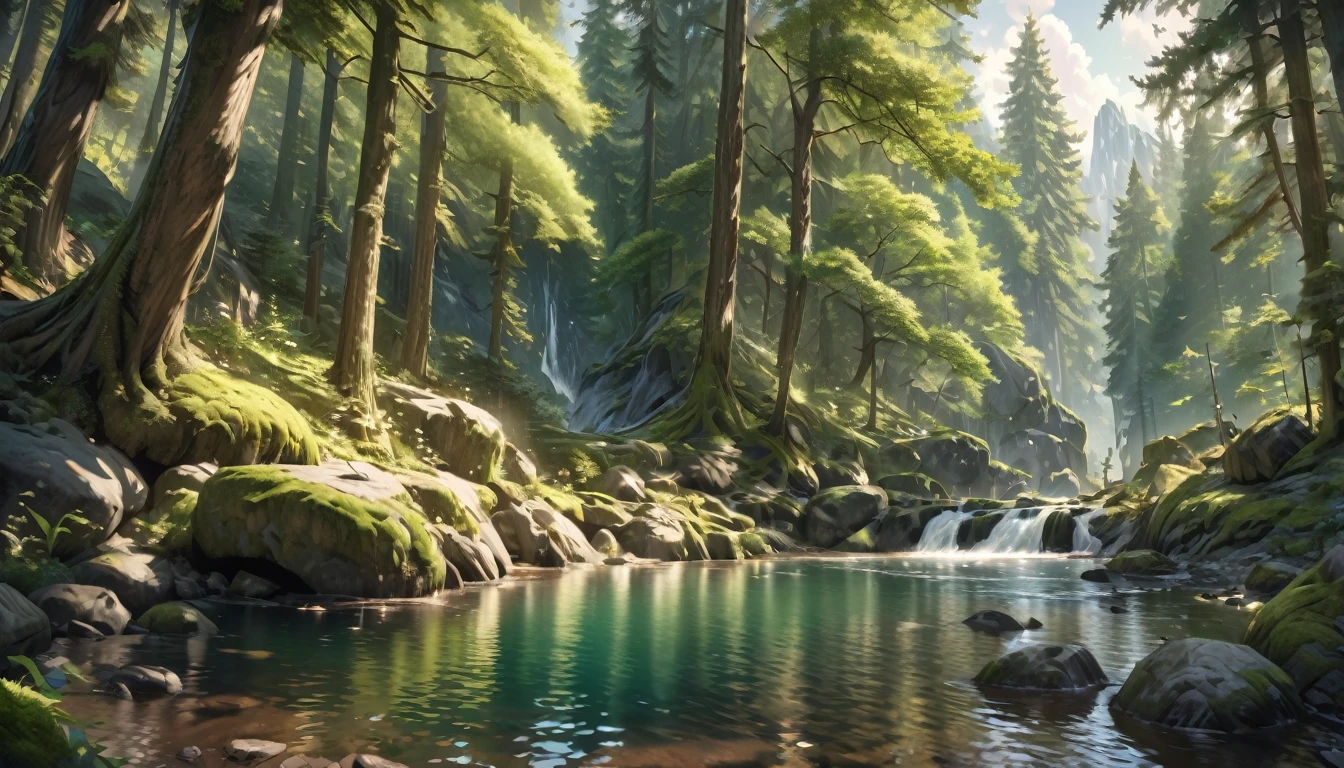a beautiful lush green forest, sunlight filtering through the leaves, towering trees with shiny bark, mossy rocks, a serene lake, (best quality,4k,8k,highres,masterpiece:1.2),ultra-detailed,(realistic,photorealistic,photo-realistic:1.37),landscape,intricate details,vibrant colors,natural lighting,stunning scenery
