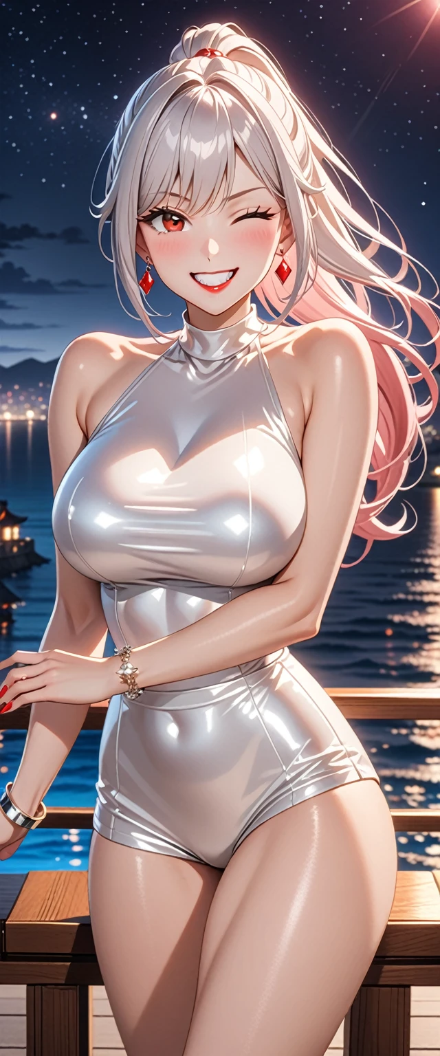 ((One personの女性)), Beautiful Face, (Laugh shyly), (Grin:1.4), ((Wink:1.8)), (Tilt your head:1.3), Laugh with your mouth wide open, Upper teeth, View your viewers, (Striking a sexy pose), ((Bright red cheeks:1.4)), Glossy Red Lips, night,Sea view terrace, Glossy Red Lips, Shining Face, ((Anime style background)),masterpiece, Highest quality, so beautiful,Latest, Complex details, (Red colored long nails), (nail art), (ring),(bracelet),AI-generated, Complex,High resolution, Highest quality, super high quality,3D Images、3D Images,One person,Long white hair,High Ponytail, Anime woman posing for a photo, (blue eyes:1.2), ((fine grain、Bright silvery white eyes、Shining Eyes:1.3)), (Squint your eyes:1.1),a hyperRealistic , hyperRealistic , Realistic,Long white hairのアニメ女性, Smooth anime CG art, (Ultra tight sleeveless waistless pink knitwear),Earrings,Mature Body,(Big Breasts:1.2),expensive,Abdominal muscles,Tight waist, (Face Focus:1.2), (Dutch Angle:1.3),