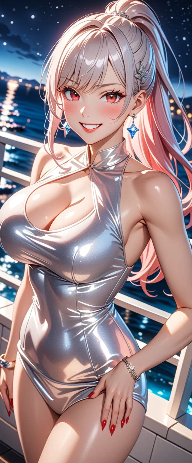 (Sunset:1.3)(nsfw:1.5).(huge breasts:1.1)(Sexy glitter leotard:1.5)..Anime holographic pink silver hair white ribbon, , Beautiful character drawings, , Stunning anime face portrait handsome royal sister wolf ears