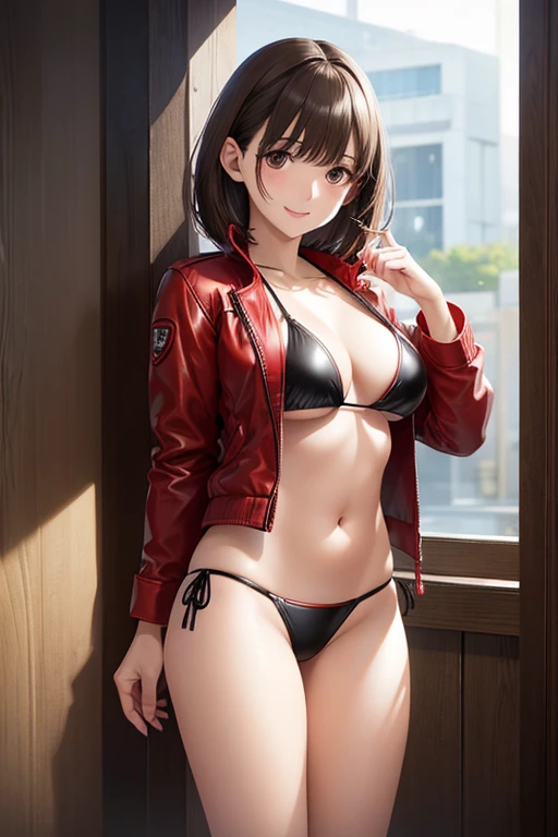 anegasaki nene、Shiny brown hair, short hair, (Beautiful brown eyes、Sparkling eyes, Fine grain)、smile、Ultra-detailed eyes、非常にDetailed face, Highly detailed eyes,Cowboy Shot、



(masterpiece:1.2, Highest quality),(Realistic, photoRealistic:1.4),1 female,
There are people,super high quality,Photorealistic,(((Red jacket、BREAK Black leather bikini,)))、,
Ultra HD,Digital SLR,Anatomical basis,Detailed Description,smile,Detailed face,