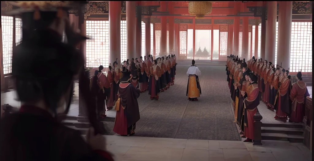 The Chinese Emperor stands with his back to the audience, facing a magnificent palace with the elegant architectural style of imperial China. Below are mandarins dressed in hanfu, lined up on both sides. The architectural details of the palace must convey a sense of antiquity and grandeur, with curved roofs and intricate layers.