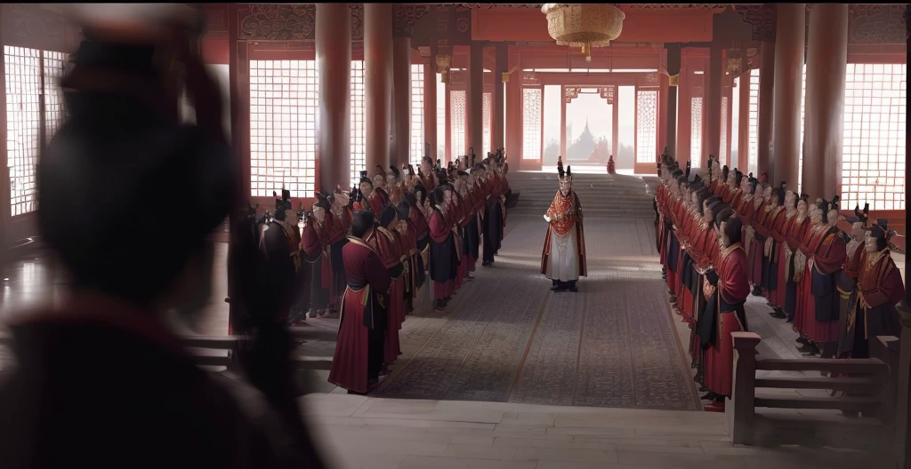 The Chinese Emperor stands with his back to the audience, facing a magnificent palace with the elegant architectural style of imperial China. Below are mandarins dressed in hanfu, lined up on both sides. The architectural details of the palace must convey a sense of antiquity and grandeur, with curved roofs and intricate layers.
