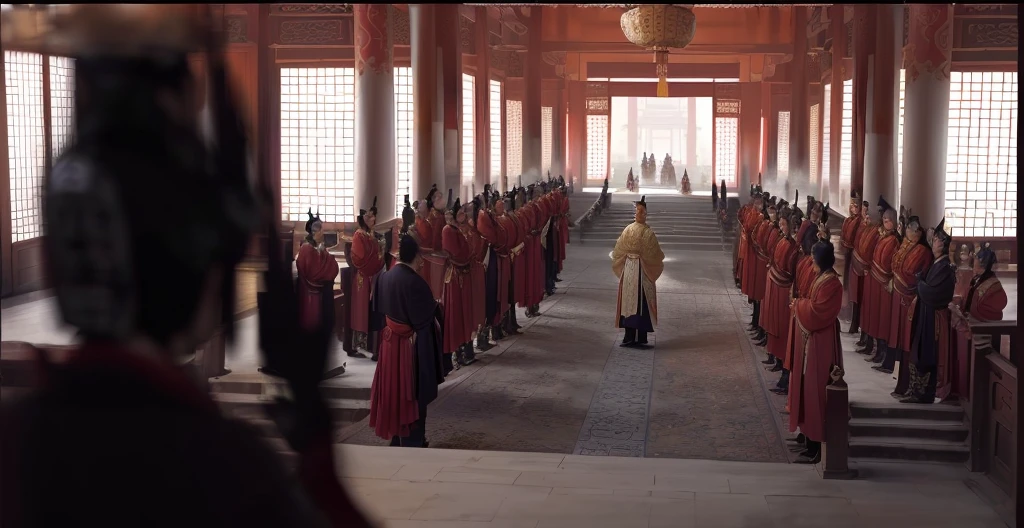 The Chinese Emperor stands with his back to the audience, facing a magnificent palace with the elegant architectural style of imperial China. Below are mandarins dressed in hanfu, lined up on both sides. The architectural details of the palace must convey a sense of antiquity and grandeur, with curved roofs and intricate layers.