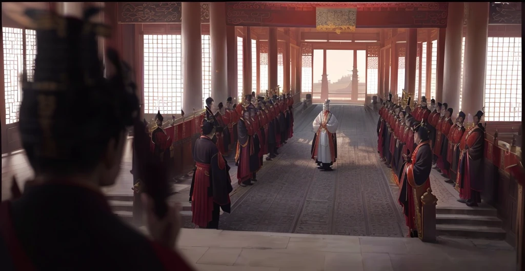 The Chinese Emperor stands with his back to the audience, facing a magnificent palace with the elegant architectural style of imperial China. Below are mandarins dressed in hanfu, lined up on both sides. The architectural details of the palace must convey a sense of antiquity and grandeur, with curved roofs and intricate layers.