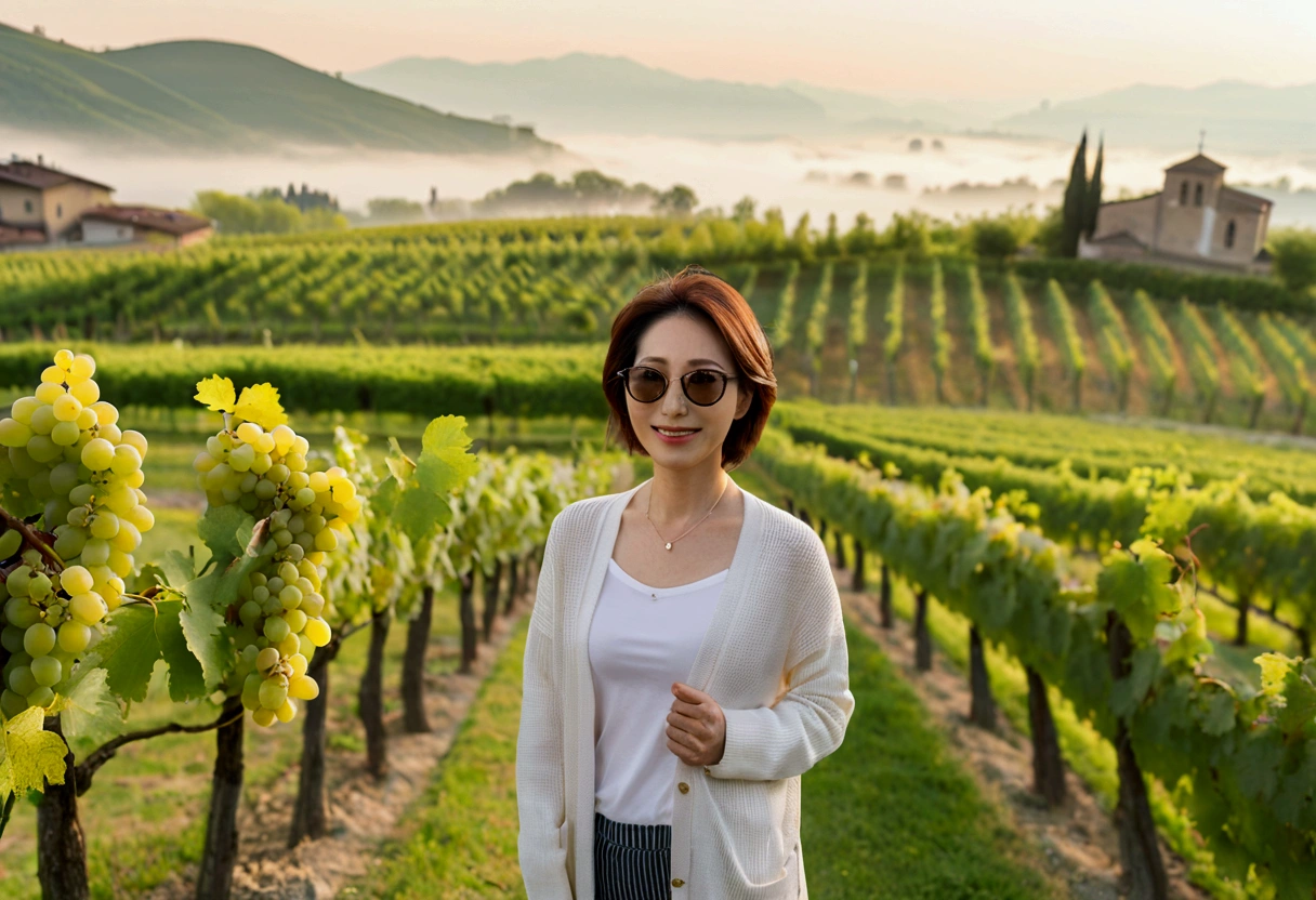 8k best picture quality, Beautiful 36-year-old Korean woman, Chest size 34 inches, northern italy countryside dawn, View of the cathedral next to the vineyards, The back background is realistic and vivid quality., short medium hair, white shirt and cardigan, Wear casual pants, Smile slightly. the background is clear, It is spring, when grapes have not yet ripened. Standing on a hill on a curved path looking at a vineyard covered in thick fog, Clear picture quality, Wear high-end luxury brand sunglasses, sunglasses with clear lines