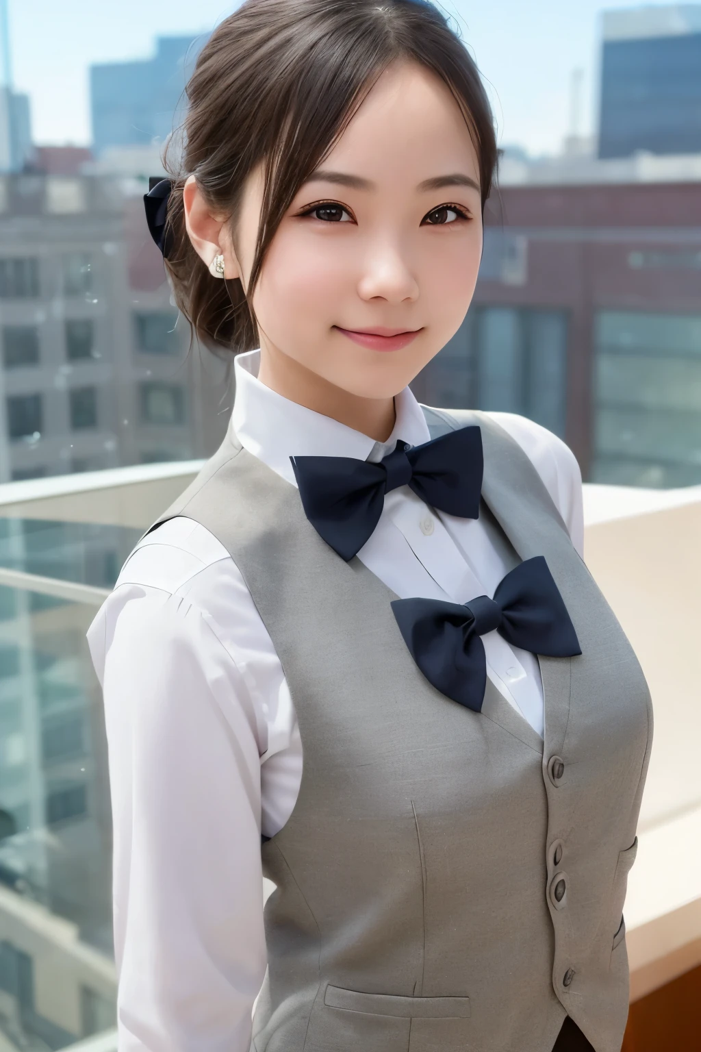 1girl, matured female, vest, bow, photo, realistic, best quality, hires, detailed face, office, buildings from window, detailed background, diffused sunlight, depth of field, bokeh