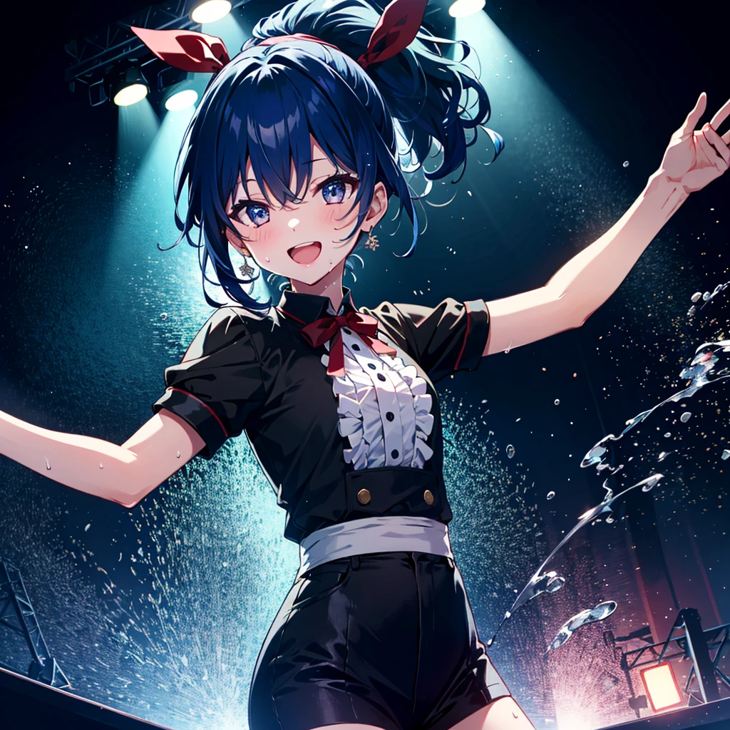 Ultimate quality, 8K,
BREAK,
girl, alone, blue hair, ponytail, red ribbon, dark eyes, smile, idol costume, open mouth, dancing, sweat, splashing sweat,
BREAK,
stage, spotlight, black background, light up face,