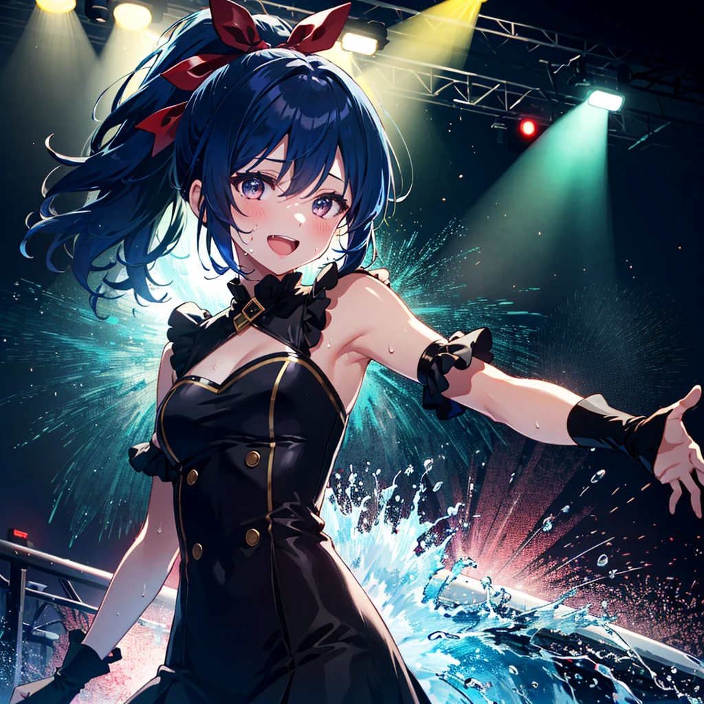 Ultimate quality, 8K,
BREAK,
girl, alone, blue hair, ponytail, red ribbon, dark eyes, smile, idol costume, open mouth, dancing, sweat, splashing sweat,
BREAK,
stage, spotlight, black background, light up face,