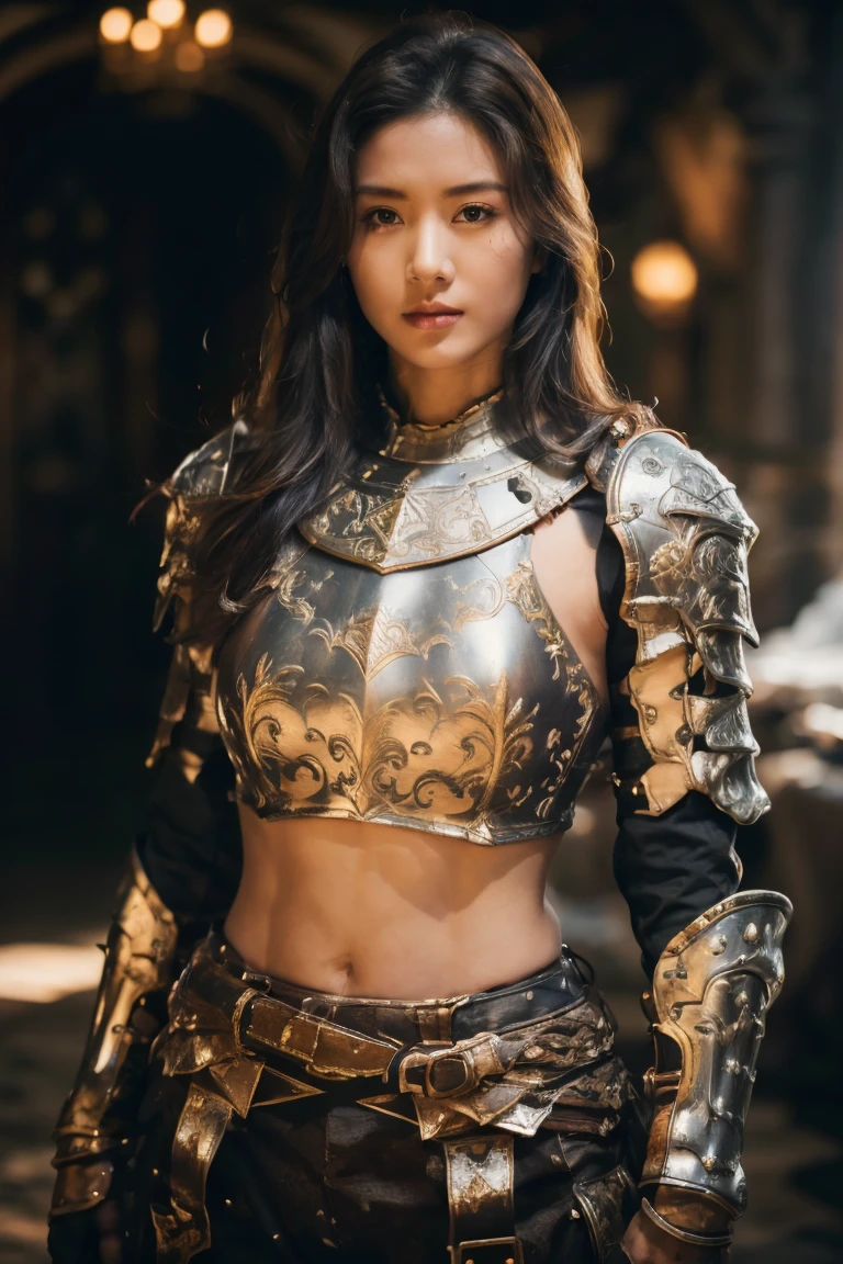 A woman in armor posing, Bikini Armor 女骑士, Armor Girl, , Bikini Armor, Metal Armor，Heavy armor，Metallic Bikini，metal breastplate，Metal trousers，Metallic armor，Gorgeous female paladin,Amazing Armor， Heavy shoulder armor，Heavy leg nails，Heavy Armor，Perfect face，Stunningly beautiful，Fighting Stance，Arrow in the abdomen，Scarred body, fantasy paladin woman,Bare belly，Sexy abdominal muscles，fair,Dynamic poses, Delicate face, Vibrant eyes, High Detail Skin, Realistic skin details, Visible pores, Sharp focus, Volumetric Fog, 8k ultra high definition, SLR camera, high quality, Photorealism, Photorealism, Photography, ((8k, Raw, masterpiece: 1.4)), (Professional Photography, sharp:1.2), ((Portrait shoot)), Perfect dynamic composition, (Natural sunlight), (soft shadow), (Perfect body:1.4, Slim abdominal muscles:1.2), Ultra-detailed face and skin, Perfect Asian, White skin, (Delicate skin:1.3), (Perfect radiant skin:0.6), beautiful eyes, Round eyes, Pretty Face, blush, Glossy lips, High nose bridge, Shiny eyes, 比例Perfect face, Real moist skin, Exquisite expression, looking at camera