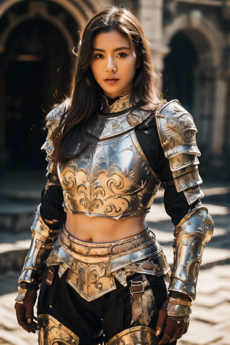 A woman in armor posing, Bikini Armor 女骑士, Armor Girl, , Bikini Armor, Metal Armor，Heavy armor，Metallic Bikini，metal breastplate，Metal trousers，Metallic armor，Gorgeous female paladin,Amazing Armor， Heavy shoulder armor，Heavy leg nails，Heavy Armor，Perfect face，Stunningly beautiful，Fighting Stance，Arrow in the abdomen，Scarred body, fantasy paladin woman,Bare belly，Sexy abdominal muscles，fair,Dynamic poses, Delicate face, Vibrant eyes, High Detail Skin, Realistic skin details, Visible pores, Sharp focus, Volumetric Fog, 8k ultra high definition, SLR camera, high quality, Photorealism, Photorealism, Photography, ((8k, Raw, masterpiece: 1.4)), (Professional Photography, sharp:1.2), ((Portrait shoot)), Perfect dynamic composition, (Natural sunlight), (soft shadow), (Perfect body:1.4, Slim abdominal muscles:1.2), Ultra-detailed face and skin, Perfect Asian, White skin, (Delicate skin:1.3), (Perfect radiant skin:0.6), beautiful eyes, Round eyes, Pretty Face, blush, Glossy lips, High nose bridge, Shiny eyes, 比例Perfect face, Real moist skin, Exquisite expression, looking at camera