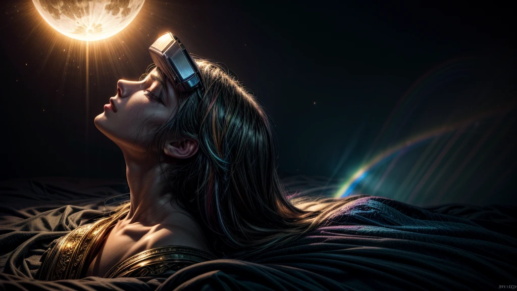 a surreal and mystical scene with the sun and moon, money, spiritual dimension, virtual reality, golden light, blue light, rainbow (best quality, 4k, 8k, highres, masterpiece:1.2), ultra-detailed, (realistic, photorealistic, photo-realistic:1.37), surreal, mystical, sun, moon, money, spiritual dimension, virtual reality, golden light, blue light, rainbow, ethereal, glowing, shimmering, cinematic, vibrant colors, dramatic lighting