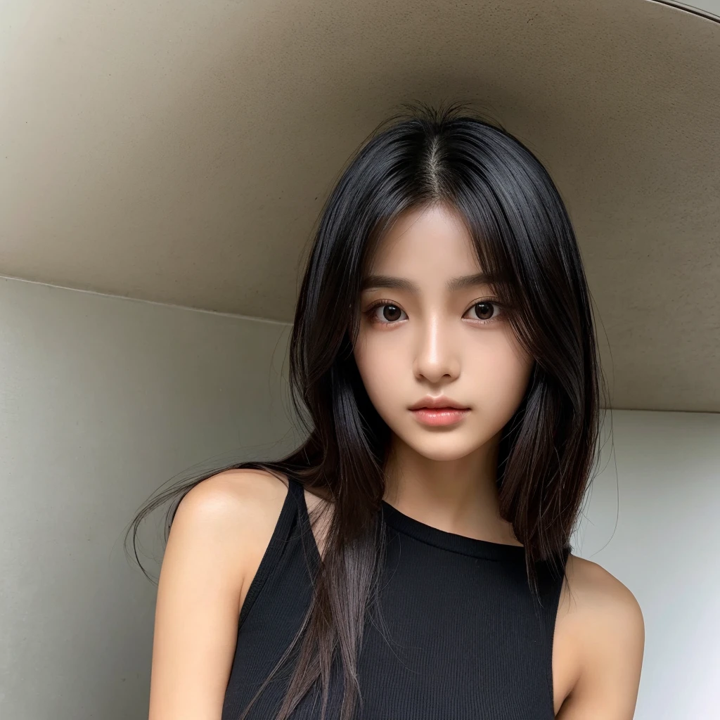 She is 20 years old, she has brown skin, black hair, a dark colored dress that suits her body, and her lower face looks more realistic.