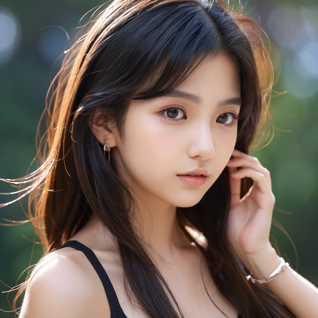 She is 20 years old, she has brown skin, black hair, a dark colored dress that suits her body, and her lower face looks more realistic.
