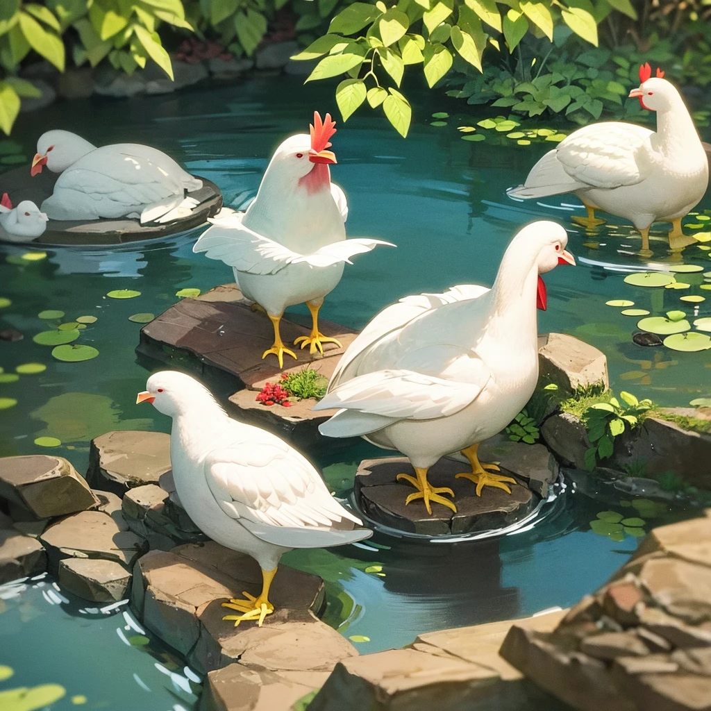 In clean pond green turtle and two white chicken who have red beak are stand near the pond, two chicken stand near the pond and also tortoise 🐢 stand near the chickens