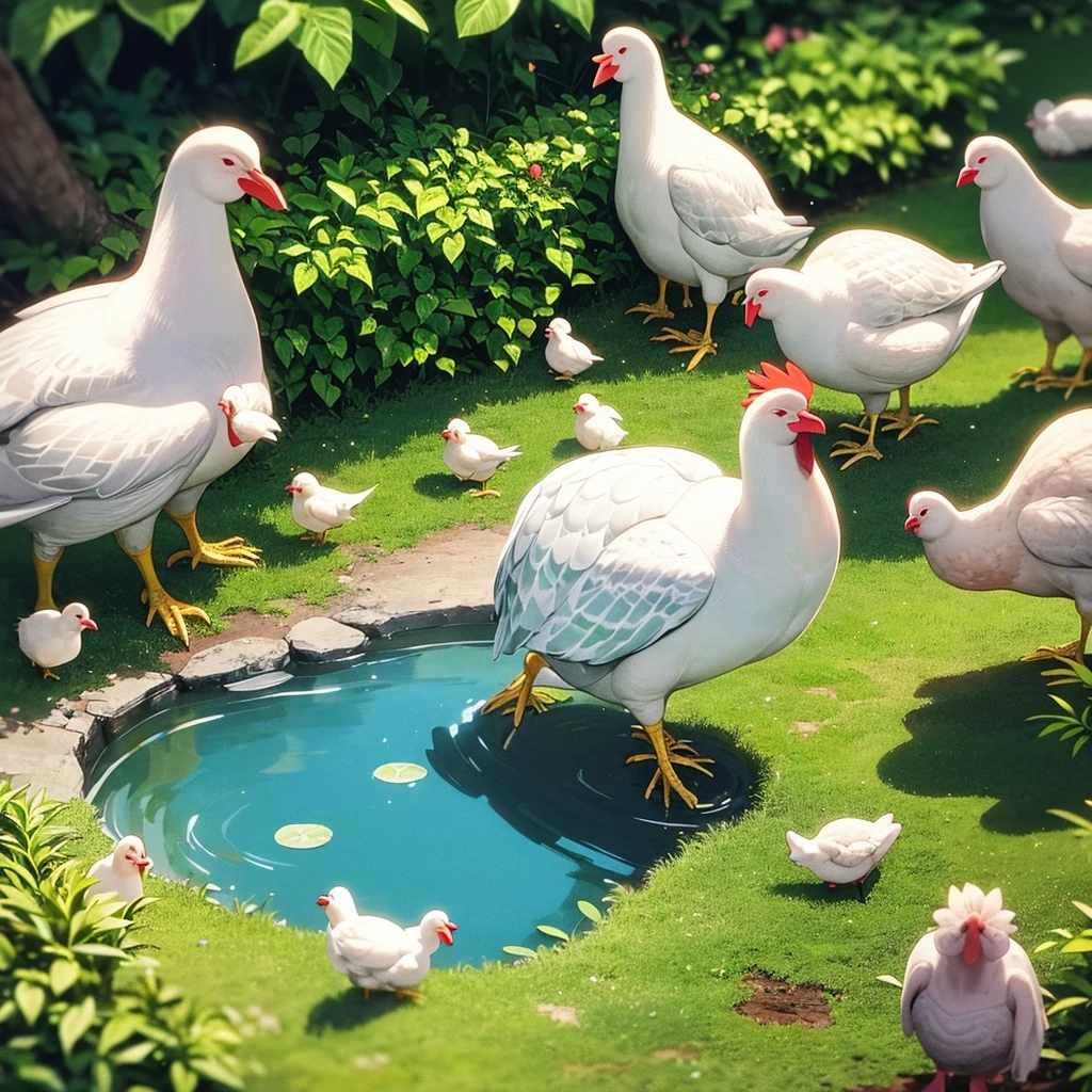 In clean pond green turtle and two white chicken who have red beak are stand near the pond, two chicken stand near the pond and also tortoise 🐢 stand near the chickens