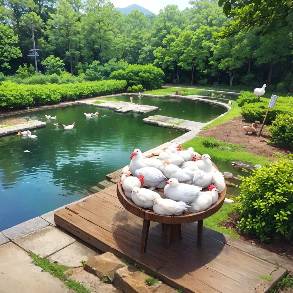 In clean pond green turtle and two white chicken who have red beak are stand near the pond, two chicken stand near the pond and also tortoise 🐢 stand near the chickens