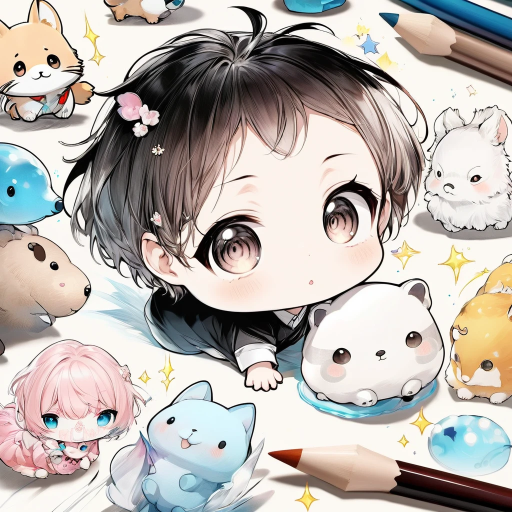 chibi characters and fluffy animals drawn by children, poorly drawn manga-style images, 2.5D, delicate and dynamic, contrast magic effects, CG graphic art