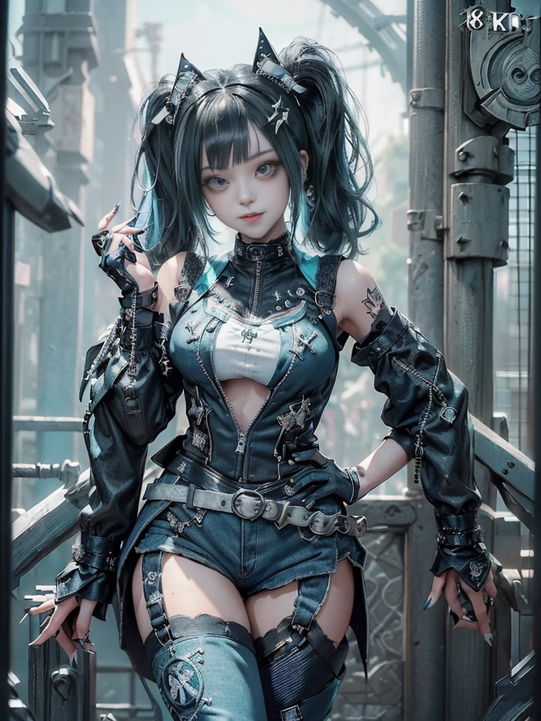 (Full Body View:1.4)、(Full body view:1.4)、(Smiling with teeth showing:1.3),(Shibuya Gal:1.5)、(Maid café clerk:1.5)、(Punk RockVisual Kei:1.4)、(Turquoise, navy and denim medieval noble zip up:1.5)、(Navy and white arm covers and bugle pants:1.5)、(Blue high heels:1.3)、(Wearing silver accessories:1.5)、(Dark brown collar:1.4)、(Leather garter belt:1.4)、(Brown Skin Belt:1.3)、(Black lace underwear:1.5)、20-year-old、NSFW、((Highest quality、In 8K、masterpiece:1.3))、Sharp focus:1.2、(Layered Cut、Huge boobs:1.1),Beautiful woman with perfect figure:1.4、(Doing an aerobics pose:1.3)、Slender Abs:1.2、Highly detailed face and skin texture、Detailed eyes、double eyelid,(Twin tails:1.3)、(Black Hair:1.3)、Gravure idol、(A fairytale-like cafe with a lush tree background:1.3)、(Slim Body:1.3),(Make your legs thinner:1.4),(Thin, thin thighs:1.3)、（clavicle:1.1）