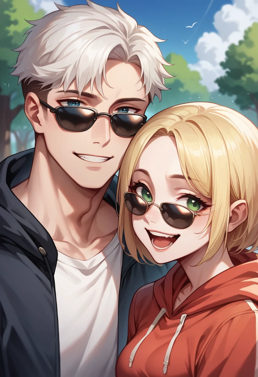 Boy with white hair and blue eyes, wearing dark sunglasses, next to a girl with blonde hair and green eyes, hugged, happy couple, with park background.