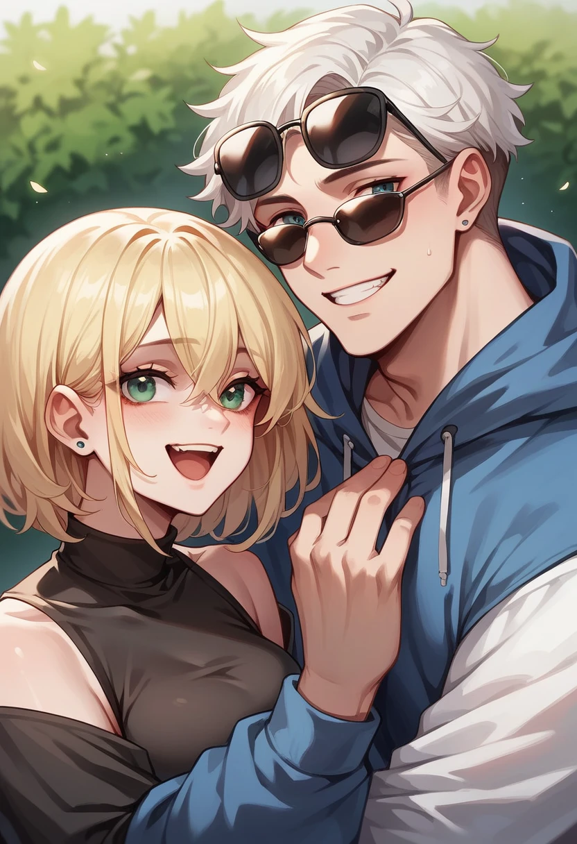 Boy with white hair and blue eyes, wearing dark sunglasses, next to a girl with blonde hair and green eyes, hugged, happy couple, with park background.