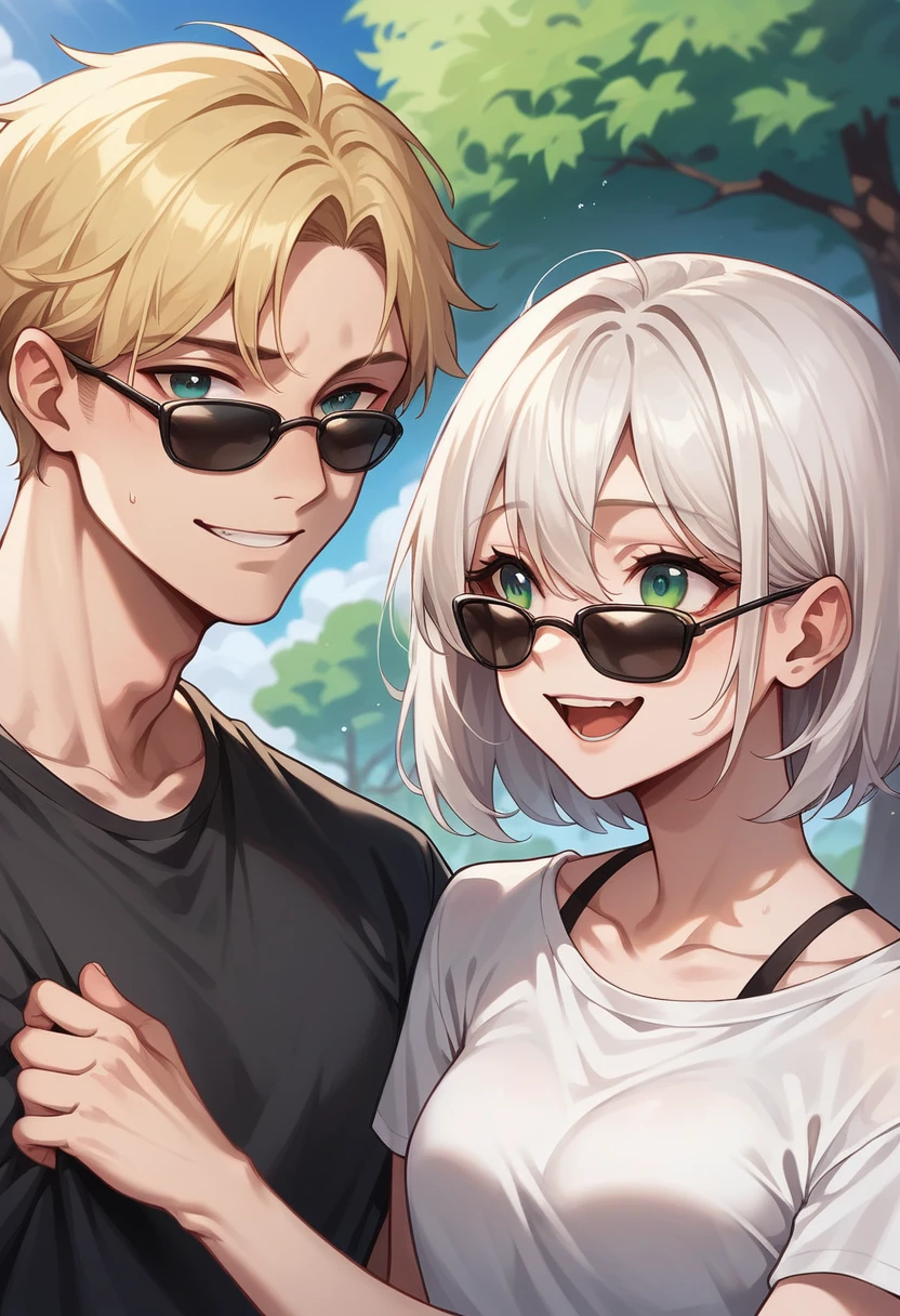 Boy with white hair and blue eyes, wearing dark sunglasses, next to a girl with blonde hair and green eyes, hugged, happy couple, with park background.