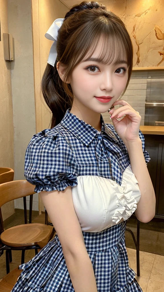 (Masseter muscle area、Highest quality、mysterious、Beautiful and cute、Perfect human body balance、Official Art:1.2)、(1 girl:1.3)、(Big Breasts:1.2)、Glowing Skin、Cute gestures、(Navy checkered ta dress with fine frills:1.4)、(In front of the cafe:1.3)、(Tie a high ponytail with a ribbon:1.3)、(Masterpiece portrait)、Japanese、16 ywn eyes)、Exotic Wallpaper、Very chic、Abstract background、wonderful、Big Breasts、Great Joy