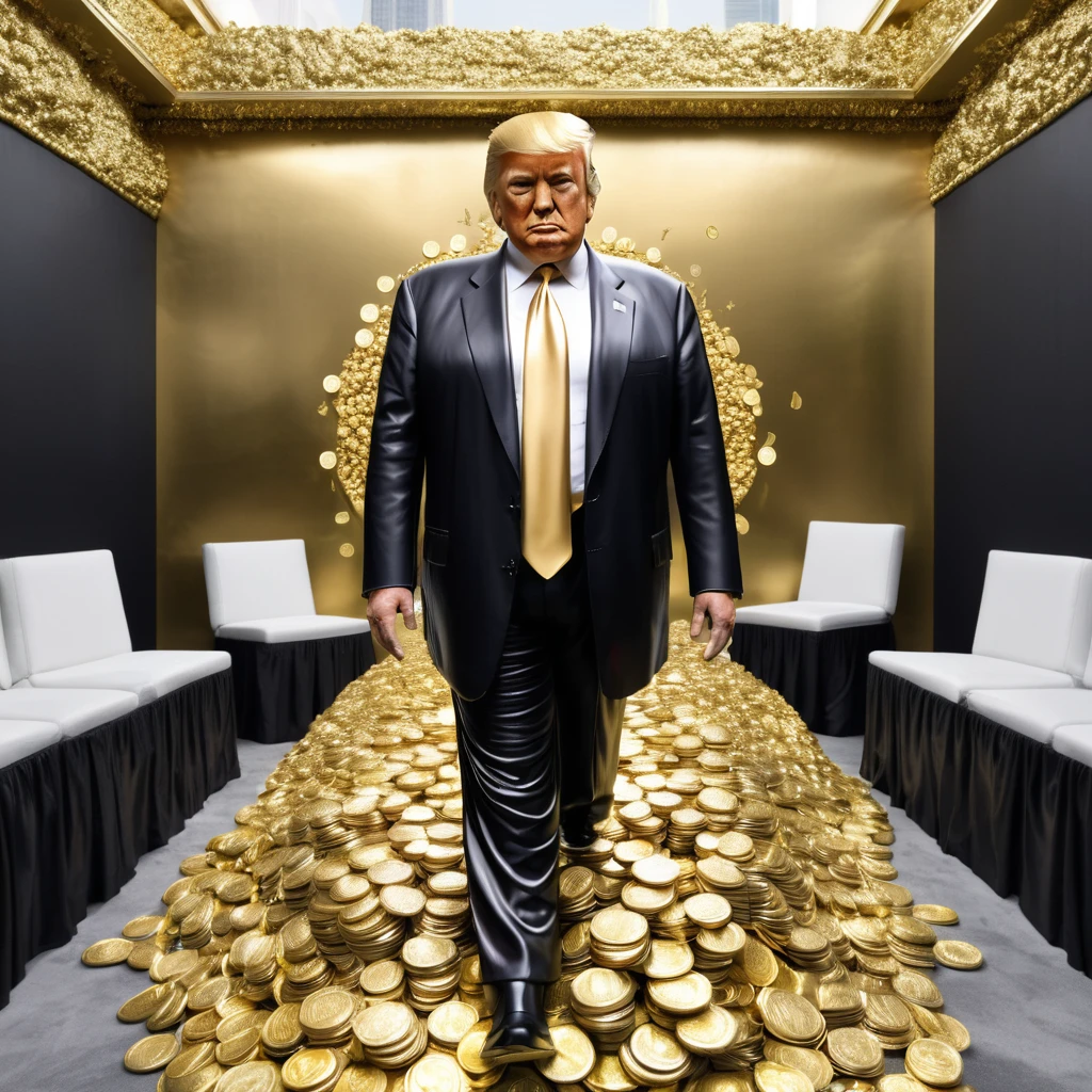 I want a stoic Donald Trump sculpture with black and white background. The image should focus on Donald Trump holding money or in a meeting and showing wealth. Must be a full body sculpture with walls or buildings in the background.. Hyper realistic wearing gold chain, several gold coins scattered on the floor.