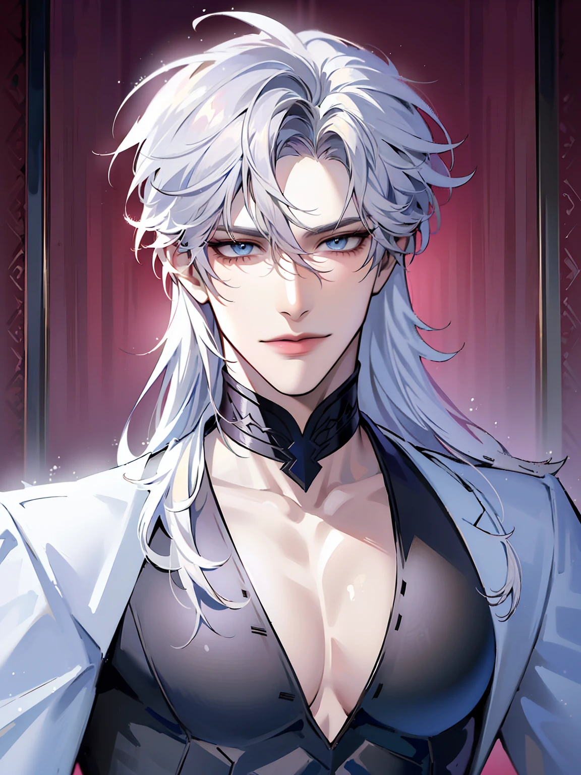 (masterpiece, 8k, high quality, best quality:1.6), 1boy, solo, long hair, white hair, asymmetrical fringe, blue eyes, handsome, sharp eyes, (mature male, mature:1.2), male focus, fashionable,no shirt, diamond necklace, indoors, castle, dark red wallpaper, close up, smile, long eyelashes, soft shadows, perfect anatomy, nudity, topless, hot, perfect body,