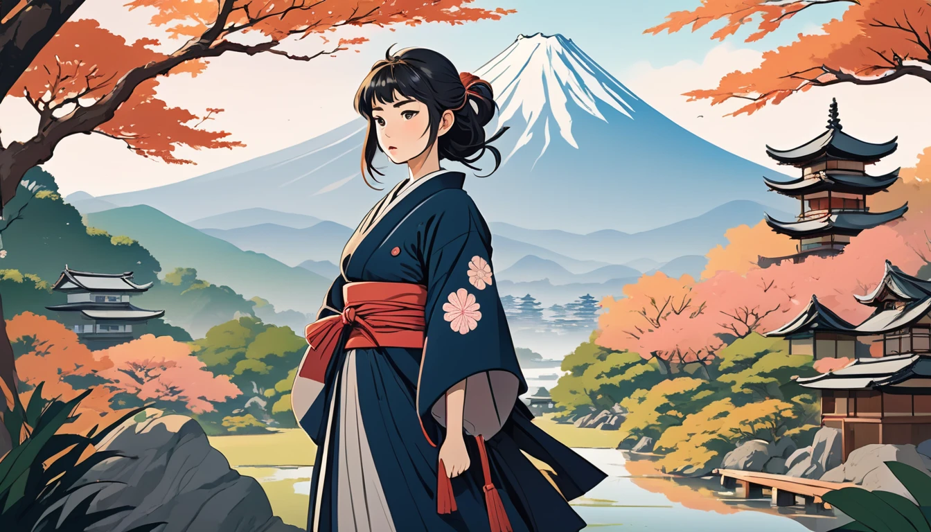 Female samurai,Japanese Gardens、Fuji Mountain、 Wide-angle lens, Lofi Anime, Lofi illustration, Aesthetic atmosphere, Lo-Fi Style, Vector art, Flat Design, Simple shape, Warm tones, Pleasant atmosphere, Chill, In anime style, Digital drawing, Vector art, Vector logo for t-shirt printing, (Adorable:1.5), (small:1.4), (Playful:1.2), (soft:1.3), (Whimsical:1.1), masterpiece, Highest quality, 8k, Intricate details, grow, Celestial, Mysterious, Picturesque, amazing, Majestic, Magic, Fantasy art, Cover art, dream-like