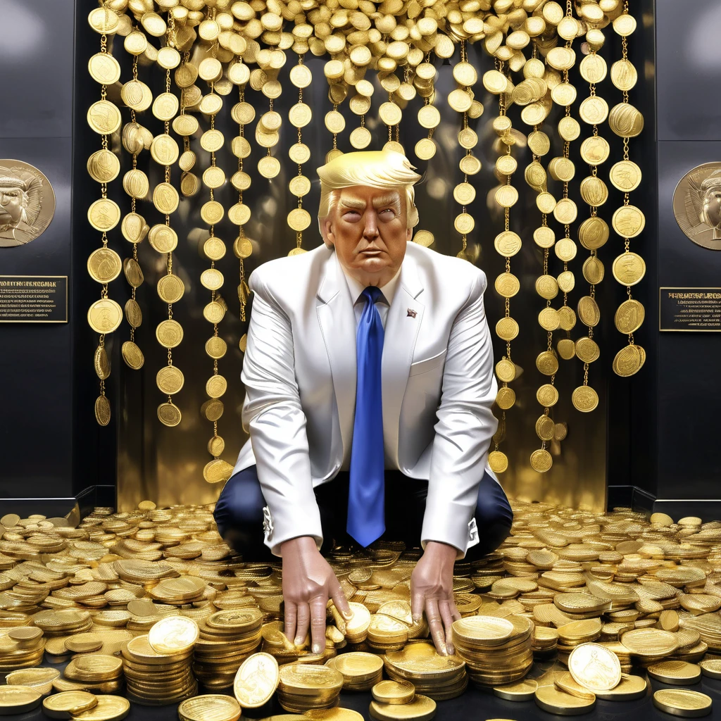 I want a stoic Donald Trump sculpture with black and white background. The image should focus on Donald Trump holding money or in a meeting and showing wealth. Must be a full body sculpture with walls or buildings in the background.. Hyper realistic wearing gold chain, several gold coins scattered on the floor.