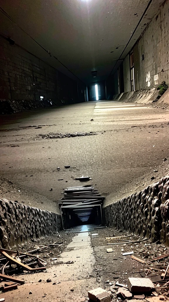 Wide angle of view, abandoned coal mine, scary