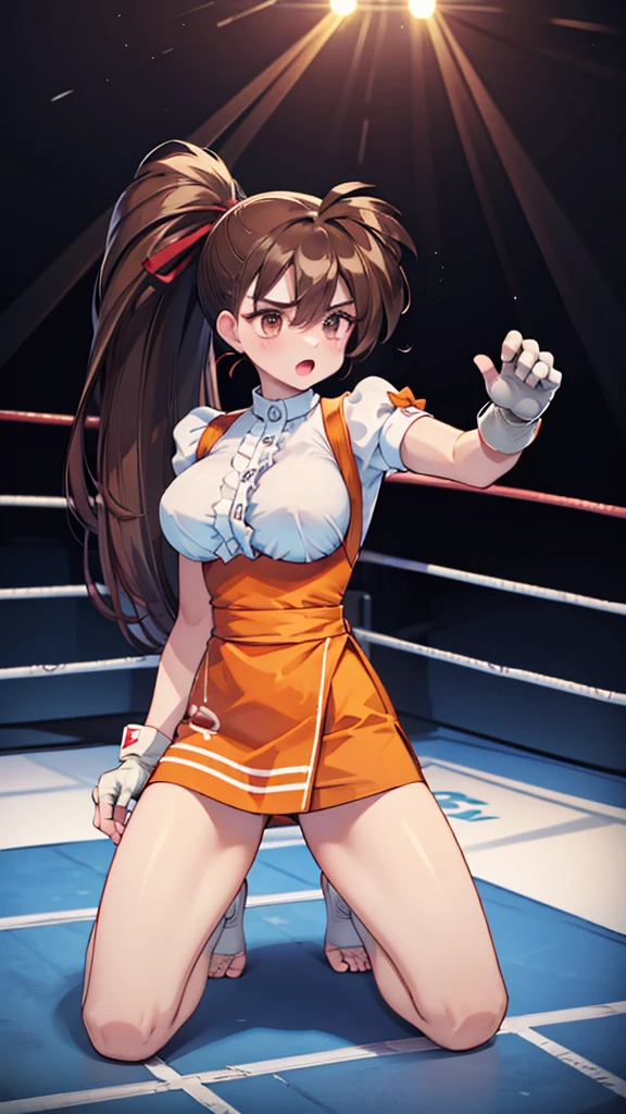 Highest quality，masterpiece，(Leaning in the wrestling ring, WWE Divas，Wrestling Arena，Wrestling ring background, Boxing ring background), Lack of stamina, Ryona, Hitting a girl, death is near，タケユカ 超ロングヘア ヘアribbon, Frilled shirt, Underbust, ribbon, Fingerless gloves, White gloves, Waist apron, Orange Skirt, socks, Toeless legwear，loser, Nice, loser, (Moaning , Open your mouth),
