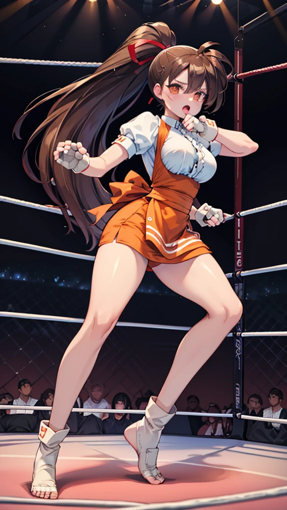 Highest quality,masterpiece,(Leaning in the wrestling ring, WWE Divas,Wrestling Arena,Wrestling ring background, Boxing ring background), Lack of stamina, Ryona, Hitting a girl, death is near,タケユカ 超ロングヘア ヘアribbon, Frilled shirt, Underbust, ribbon, Fingerless gloves, White gloves, Waist apron, Orange Skirt, socks, Toeless legwear,loser, Nice, loser, (Moaning , Open your mouth),